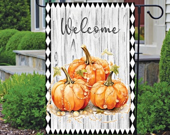 Welcome Fall Pumpkin Garden Flag, Double Sided yard decoration, Front Door Home Decor, Harlequin Print Fall Pumpkin Decor