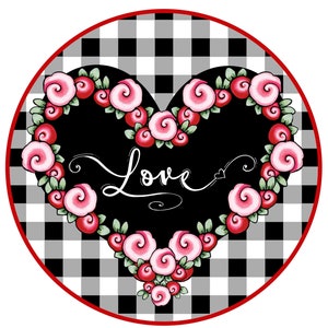 Valentine Heart Sign, Black and White Plaid Heart Wreath attachment, Winter supplies, Pink Roses Heart Metal Wreath Sign,