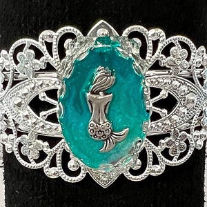 Coastal Mermaid Fancy Cuff Bracelet, Beachy Silver Mermaid Charm Cuff Bracelet, Split Cuff Bracelet,