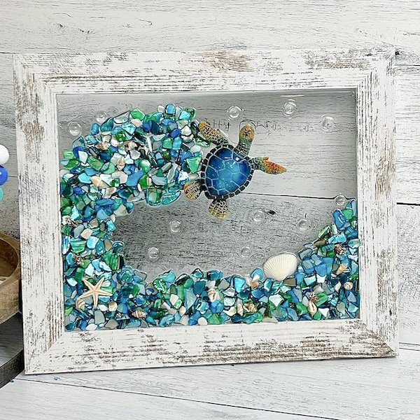 Sea Turtle Wall Art Picture, Beach Home Decor, Coastal Home Decoration, Coastal Wall Art, Seashell Wall Art, Seashell Decor,