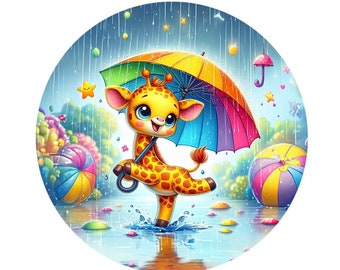 Baby Giraffe Dancing in the Rain Sign, Umbrella Metal wreath attachment sign, Everyday sign, Wreath sign, Baby Giraffe Sign