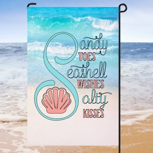 Sandy Toes Garden Flag, décoration de cour, décor à la maison de porte d’entrée, décor à la maison de plage, décoration de chalet,