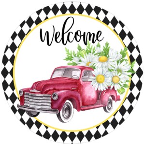 Welcome Summer Red Truck Sign, Summer Daisy Metal Sign  , Spring wreath attachment, Spring decoration, Summer decor