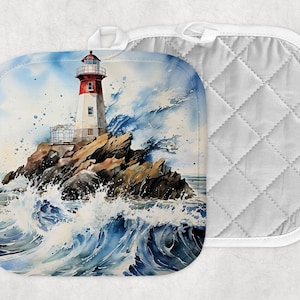 May include: A white and red lighthouse stands on a rocky outcropping in the ocean.  The lighthouse is surrounded by crashing waves.  The sky is blue with white clouds.