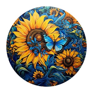 Girasol amarillo con signo de corona de mariposa azul, accesorio de corona, letrero de país, suministros de artesanía, girasoles de verano y mariposa,