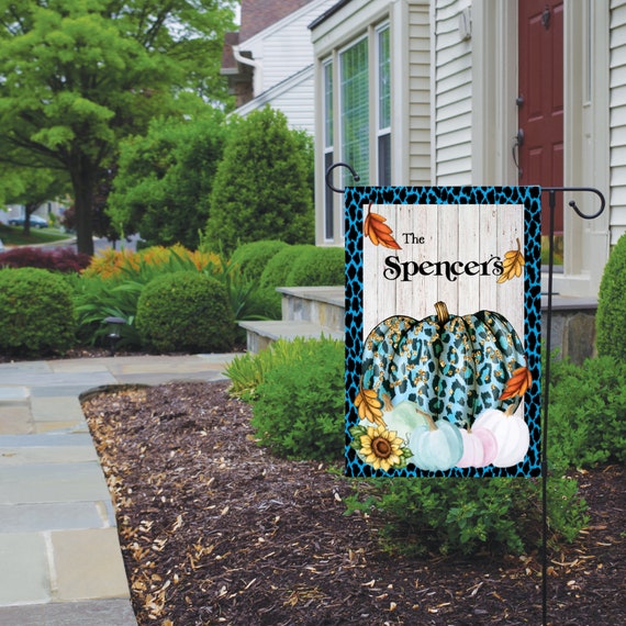 Personalized Teal Leopard Print Pumpkin Garden Flag, Yard