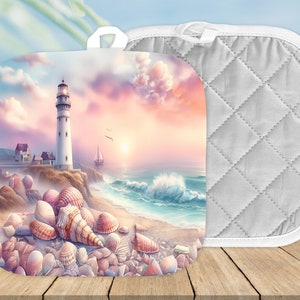 May include: A white lighthouse with a pink and orange sunset sky in the background. The lighthouse is on a rocky shore with seashells and a blue ocean with waves. The image is on a white quilted pot holder.