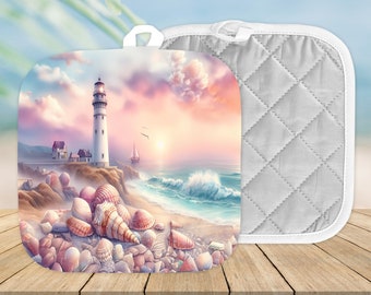 Set of 2 Pastel Lighthouse with Seashells Pot Holders, Kitchen Pot Holders, Coastal Kitchen Decor, Beach Home Decor, Seashore Hot Mats,