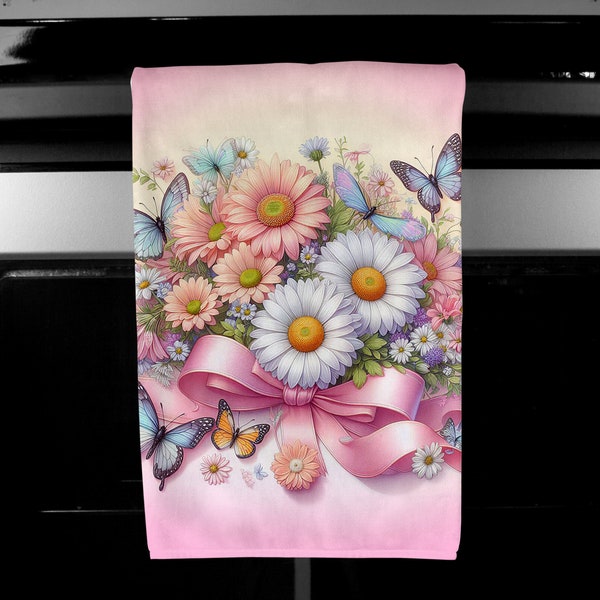 Summer Daisy with Butterflies Velour Kitchen Towel, Spring Kitchen Tea Towel, Pink Kitchen Decor,