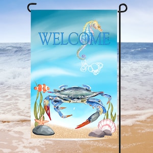 Blue Crab Welcome Beach Summer Garden Flag, Welcome Coastal yard decoration, Front Door Home Decor,