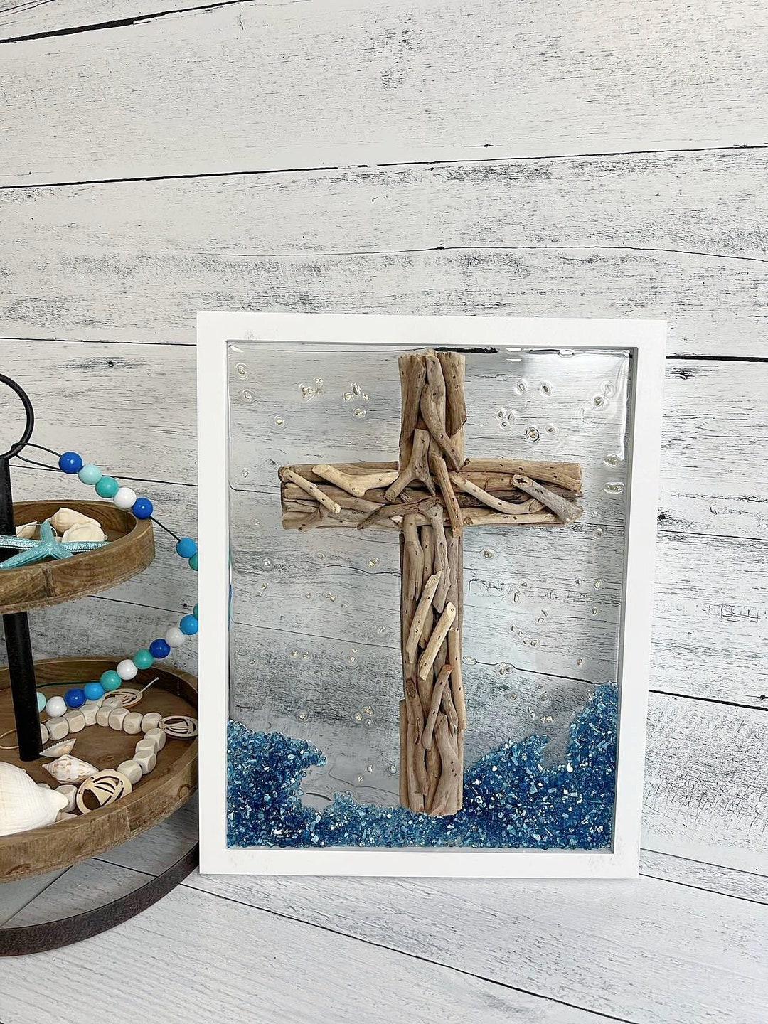 Driftwood Cross Wall Art Picture, Religious Beach Home Decor, Coastal