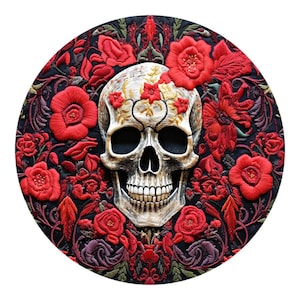 Borduurwerk suikerschedel Halloween-bord, metalen kransbevestigingsteken, suikerschedel Halloween-kransbevestigingsbord,