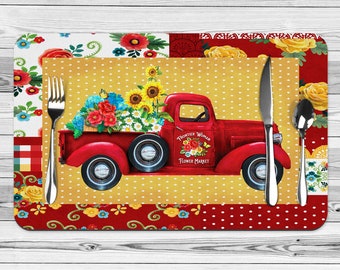 Set of 4 Farmhouse Red Truck Table Placemats, Country table decor, Farmhouse table decoration, Country Kitchen