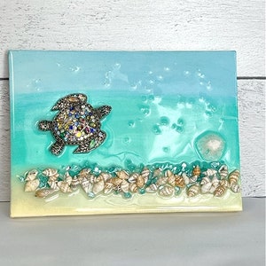 Jeweled Turtle Beach Wall Picture, Beach Home Decor Picture, Coastal Wall Art, Seashell Decor, Seashell Wall Art