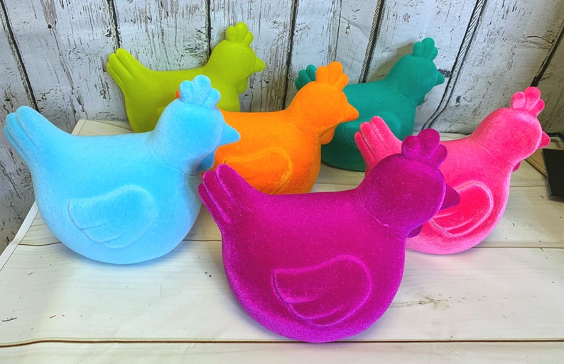 Farmhouse Decor Flocked Rooster DIY Supplies, Flocked Bunnies Wreath Attachments,Flocked Chickens Colorful Easter Spring Decor