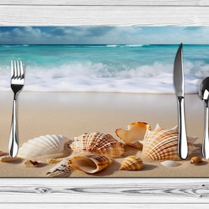 Set of 2 Beach Seashells on the Beach Placemats, Coastal Table Settings, Beach House Home Decor, Coastal Cottage Kitchen Decor,