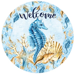 Seahorse and Seashell Beach Sign, Beach Wreath Attachment, Summer sign, Coastal Seashore Metal Sign, Metal Wreath Attachment sign