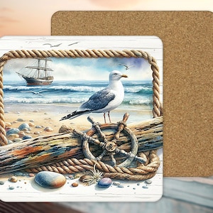 Seagull with Driftwood on the Beach Table Hot Mat, Beach Kitchen Table Cork Back Trivet, Coastal Table Decor,