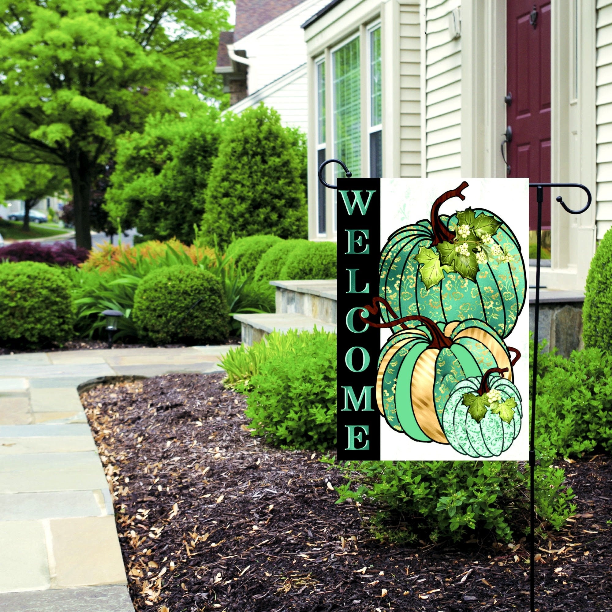 Welcome Teal Fall Pumpkin Garden Flag, Yard Decoration, Front Door Home ...
