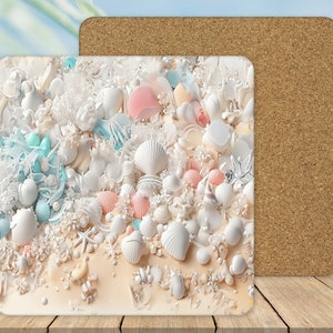Seashells on the Beach Table Hot Mat, Beach Kitchen Table Cork Back Trivet, Coastal Table Decor,