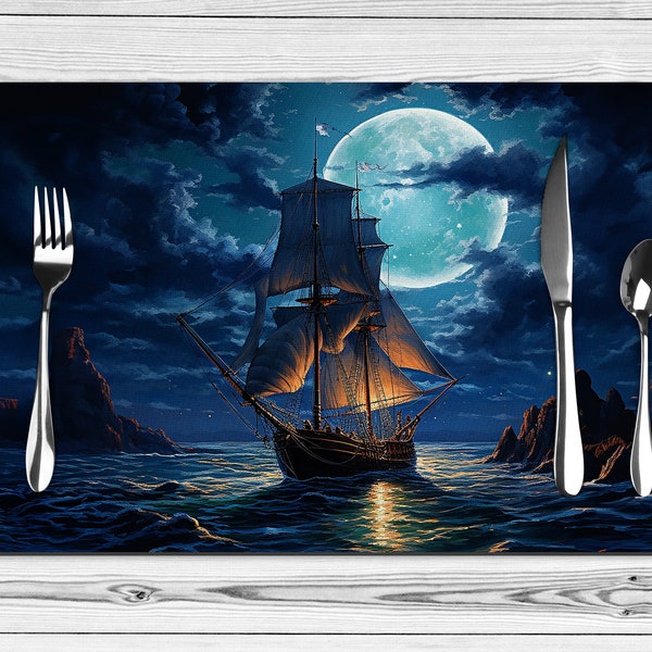 Sailboat in the Moonlight Nautical Placemats, Beach Table Decor, Nautical Decoration, Home Kitchen Decoration,