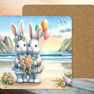 Easter Bunnies on the Beach Table Hot Mat, Beach Kitchen Table Cork Back Trivet, Coastal Table Decor,