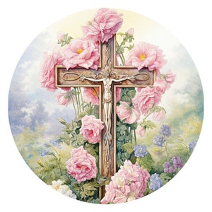 Cross on a Bed of Roses Religious Sign, Easter Sunday Cross Sign, Wreath Attachment, Wreath Supplies,