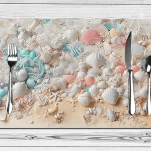 Seashells on the Beach Placemats, Beach Placemats Table Decor, Summer Coastal Table Decoration, Home Kitchen Decoration,