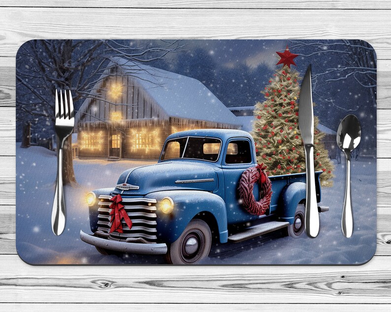 Set of 2 Blue Truck Christmas Table Placemats ,christmas Table Decor