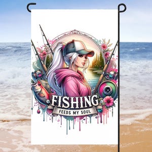 Girl Fishing Beach Garden Flag, yard decoration, Front Door Home Decor, Beach home decor, Cottage decoration,