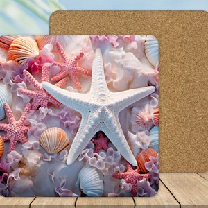 Starfish and Seashell Table Hot Mat, Beach Kitchen Table Cork Back Trivet, Coastal Table Decor,