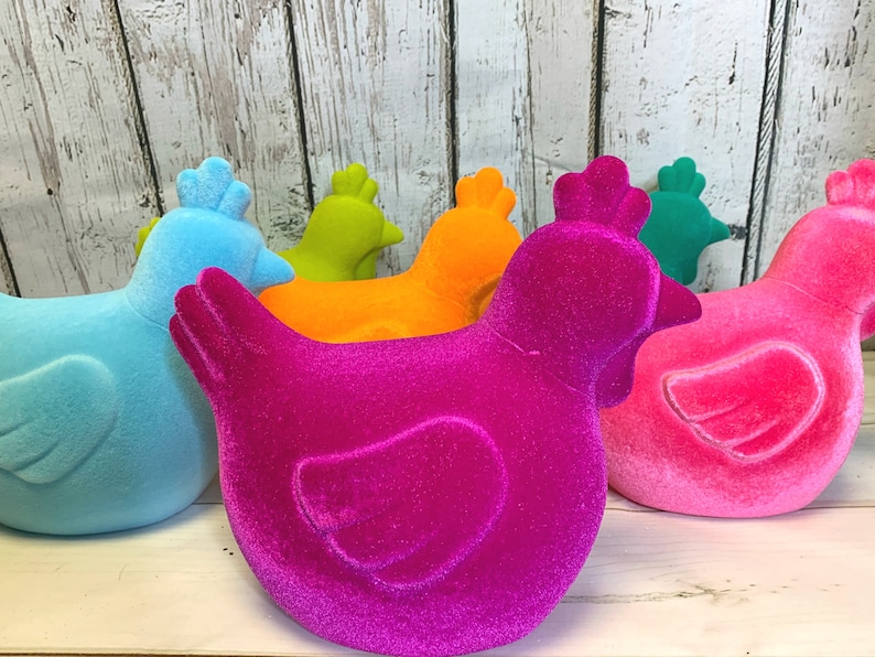 Farmhouse Decor Flocked Rooster DIY Supplies, Flocked Bunnies Wreath Attachments,Flocked Chickens Colorful Easter Spring Decor