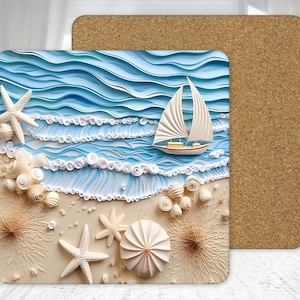 Sailboat on the Beach Table Hot Mat, Beach Kitchen Table Cork Back Trivet, Coastal Table Decor,