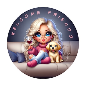 Welcome Friends Sign, Everyday Girl with her Dog Wreath Attachment sign, craft supplies, Metal Wreath Attachment Sign,