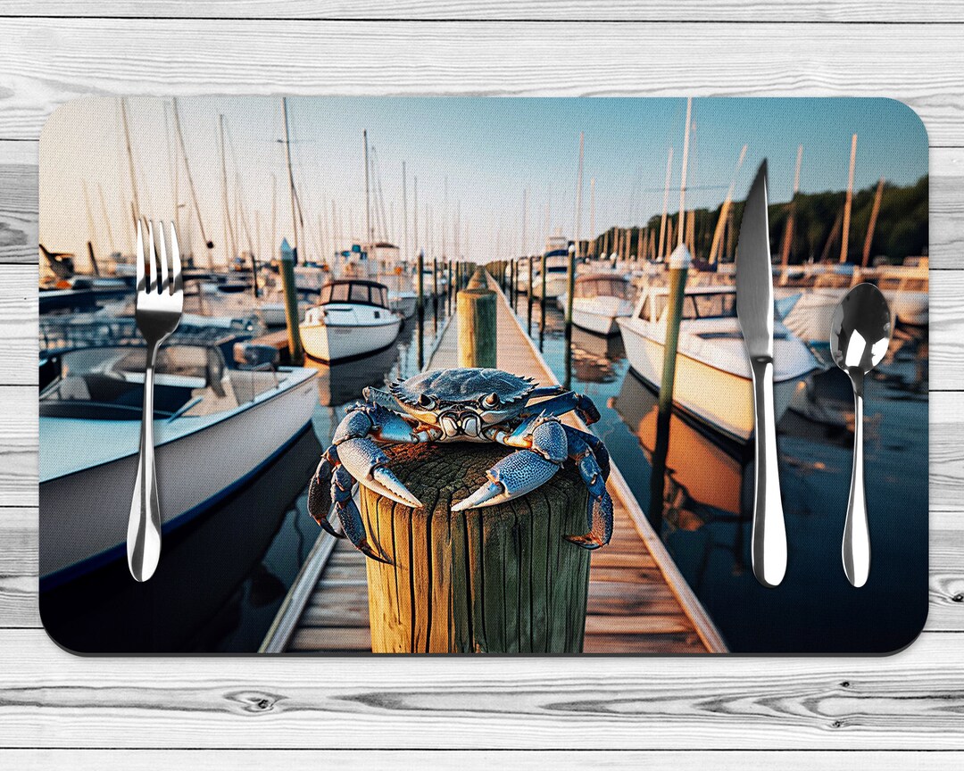 Maryland Blue Crab Placemats, Blue Crab on a Boat Dock Table Settings