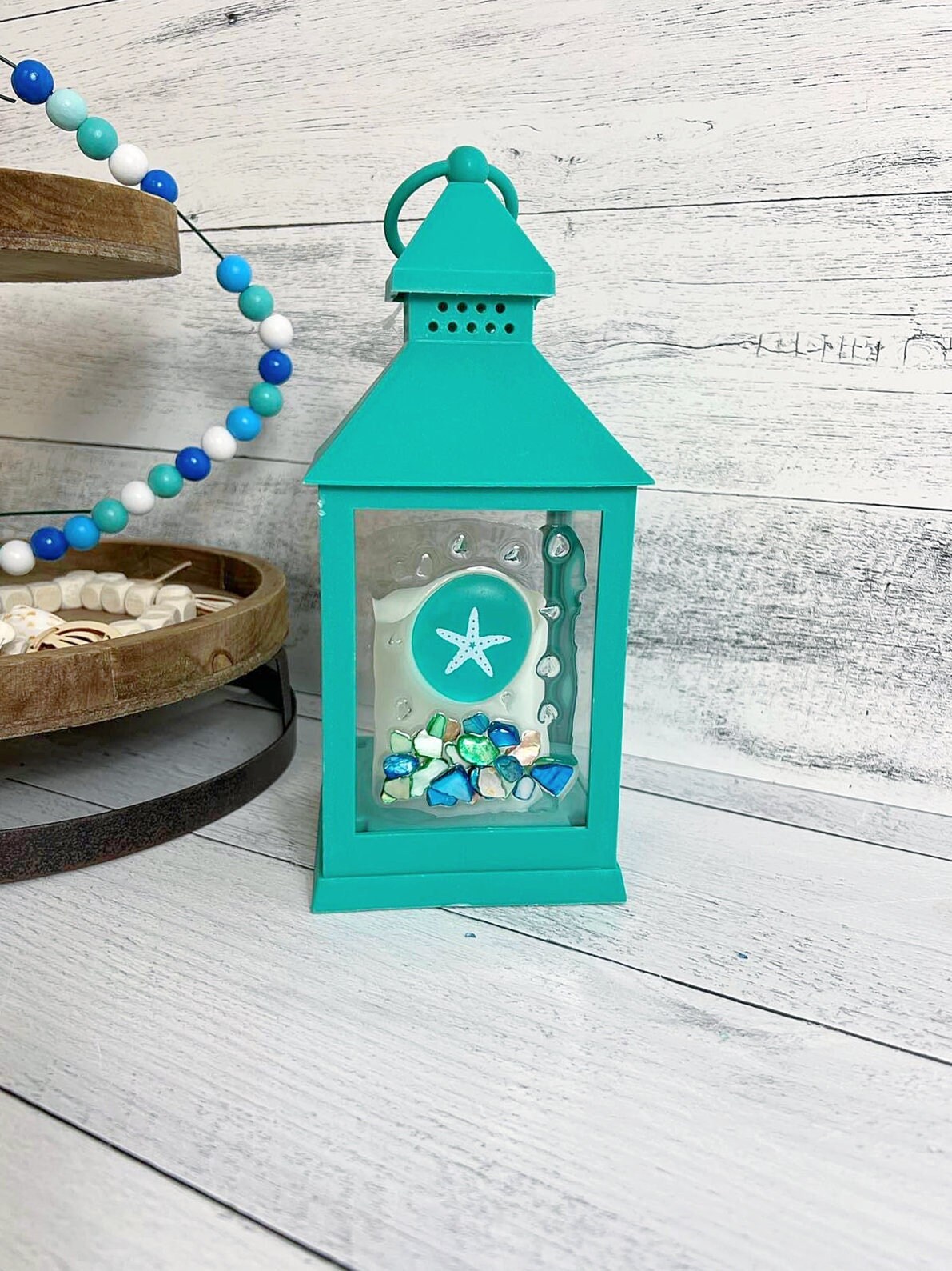 10 Coastal Teal Lantern Beach Home Battery Operated Lantern Decor