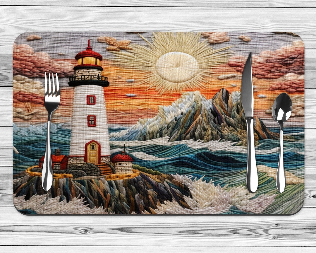 Lighthouse Coastal Table Placemats, Embroidered Look Coastal Table