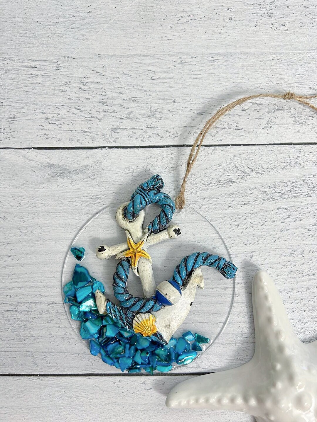 Nautical Anchor Beach Ornament, Seashell Coastal Boat Ornament, Anchor