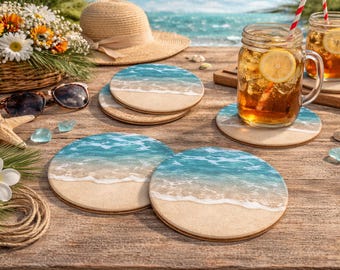 Set mit 4 Beach Surf Drink-Untersetzern, Korkrücken ohne Slip-Untersetzer, Coastal Home Decor,