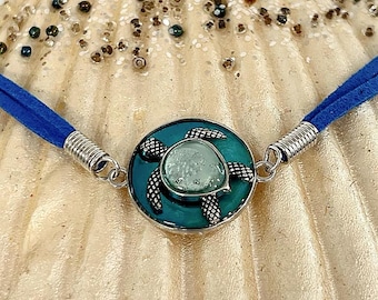 Green Turtle on Corded Bracelet, Beachy Silver Turtle Charm Bracelet, Split Blue Corded Bracelet,