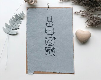 Poster A4 - handmade paper with cute animal illustrations