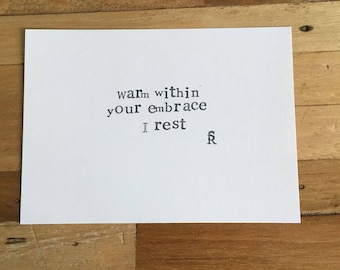 Handmade poetry card 'Warm within your embrace I rest'