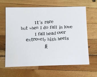 Handmade Poetry Card: 'Extremely High Heels' Love Quote