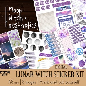 Lunar witch sticker kit | Printable pages A5 size | Moon celestial bujo witchy | Bullet journal printable planner kit | Print and cut out