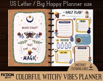 Witchy vibes planner US Letter size printable | Print yourself colorful witch journal | Positive self care magic inserts | Big Happy Planner