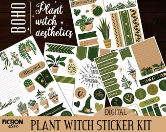 Plant witch sticker kit | Printable PDF pages A5 size | Hygge Boho bujo witchy | Bullet journal printable planner kit | Print and cut out