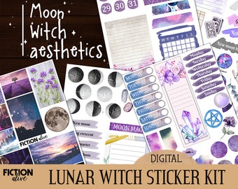 Lunar witch sticker kit | Printable pages A5 size | Moon celestial bujo witchy | Bullet journal printable planner kit | Print and cut out