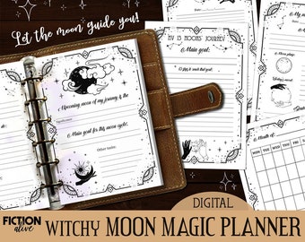 Moon magic undated planner A5 size printable ink-saver | Print yourself lunar alignment journal | Moon magick witchy printable | B+W planner