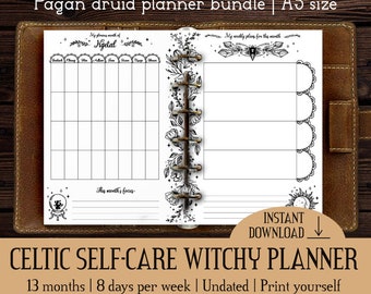 Celtic 13 months planner printable A5 size ink-saver | Print yourself undated 8 days week celtic journal | Self care witchy printable