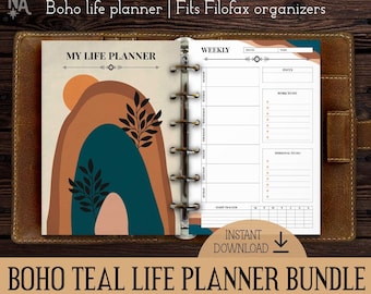 Boho life planner undated A5 size 60+ pages | Print yourself minimal abstract journal | Filofax printable inserts A5 | Teal dune planner
